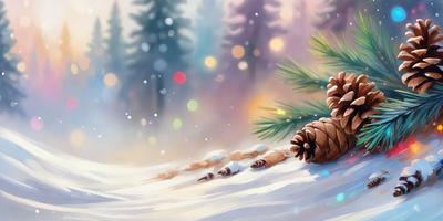 The primary subject of the image is a pinecone, which is the main object in the scene. The setting is a snowy environment, with the pinecone sitting on a snow-covered ground. The visual style of the image is a digital art or illustration, as it is a colorful and detailed depiction of the pinecone. The colors and mood of the image are bright and cheerful, with the pinecone being the focal point against the snowy backdrop.